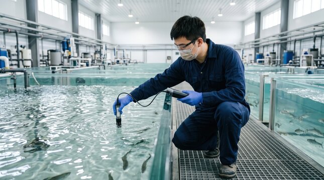 Researcher Monitoring Water Quality in Aquaculture Facility with Fish Tanks and Equipment