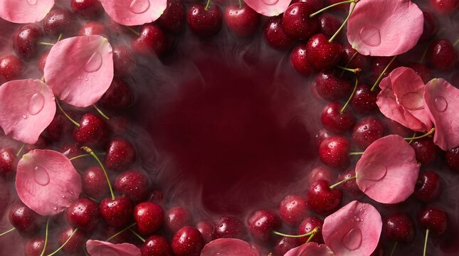Fresh red cherries and soft rose petals floating in deep red water with swirling liquid
