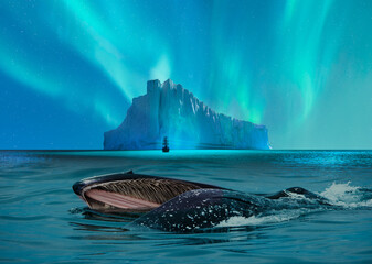 A humpback whale feeds with its mouth open with Aurora Borealis - Melting icebergs by the coast of Greenland © muratart