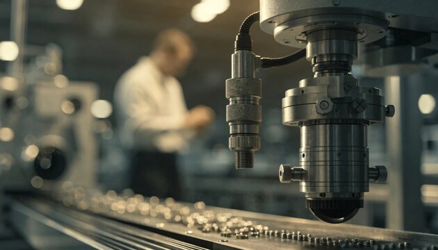 Industrial quality control camera inspecting metal components on a busy manufacturing line