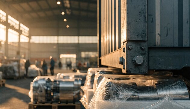 Industrial metal parts wrapped in plastic film inside a warehouse during the golden hour
