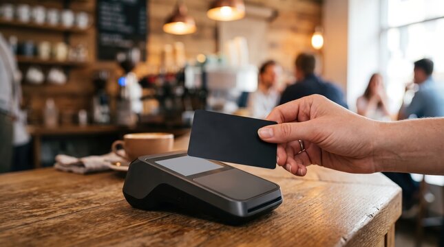 Modern Payment Technology Use in Cafe with Hand Holding Card Over Contactless Reader Device