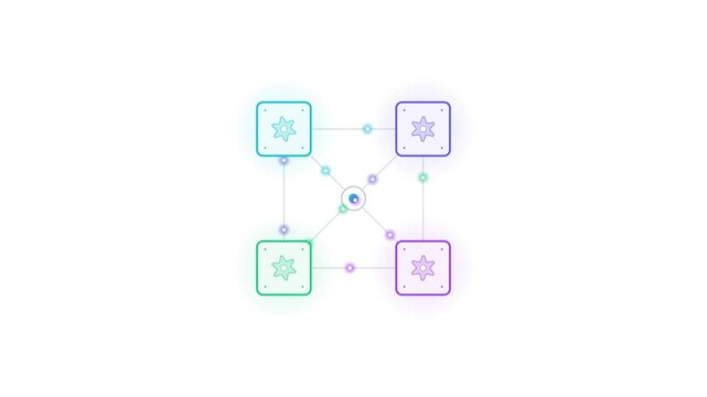 Interconnected nodes form a decentralized network structure with glowing data points