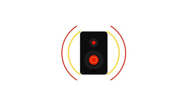 Minimalist music speaker emitting rhythmic sound waves with colorful particles on a white background