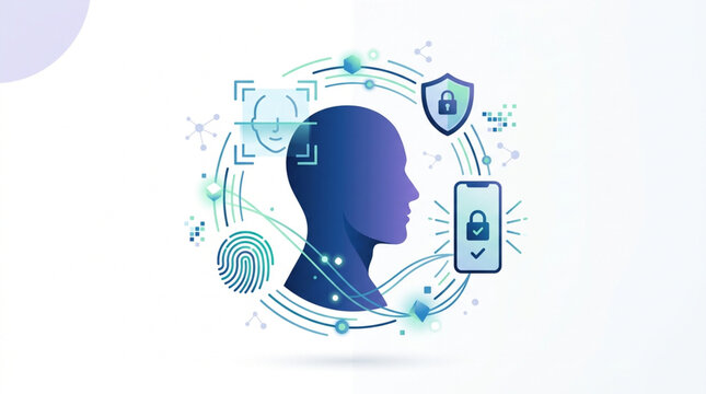 Abstract representation of digital identity verification, featuring a human profile silhouette surrounded by biometric scanning icons, a shield.
