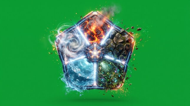 Five elements pentagon symbol with fire water earth air and spirit energy on green screen