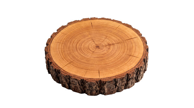 Angled view of a natural wood log cross-section, showcasing intricate annual rings and rugged bark.