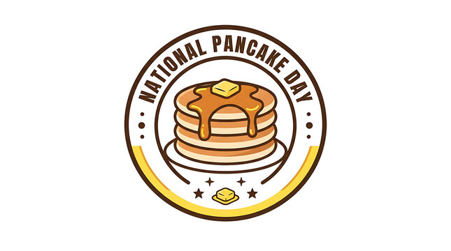 National pancake day round badge logo illustration with delicious pancakes