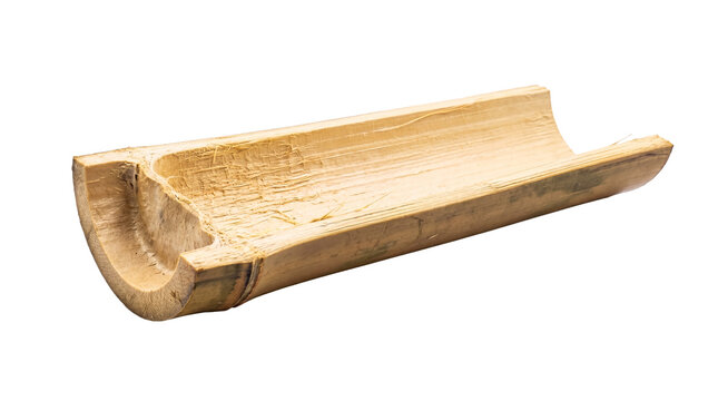 Single half-cut bamboo stalk, hollowed out, displaying natural pale yellowish-brown texture.