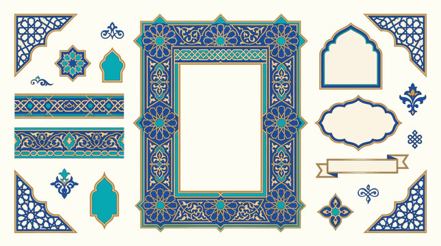 Islamic Geometric Arabesque Frame Border Decorative Vector Elements Set EPS SVG