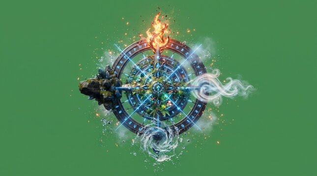Four elements magic circle with fire water earth and air symbols on green background