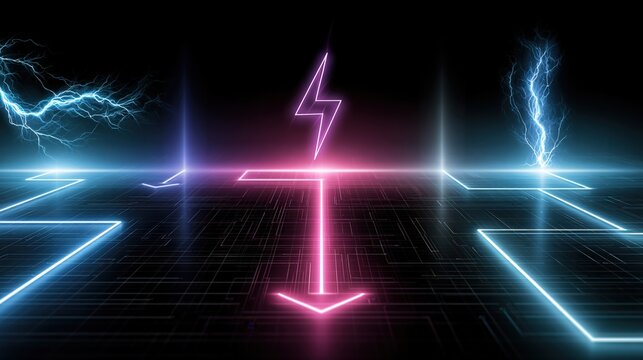 Neon lightning bolt symbols and glowing lines on a dark background, symbolizing electric energy and power in a futuristic digital landscape. ..Created with Generative AI, not depicting real subjects.