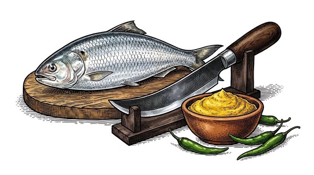 Traditional Bangladeshi Hilsa Fish (Ilish) with Curved Iron Cutting Knife (Boti), Mustard Bowl, and Fresh Chilies, Vintage Illustration
