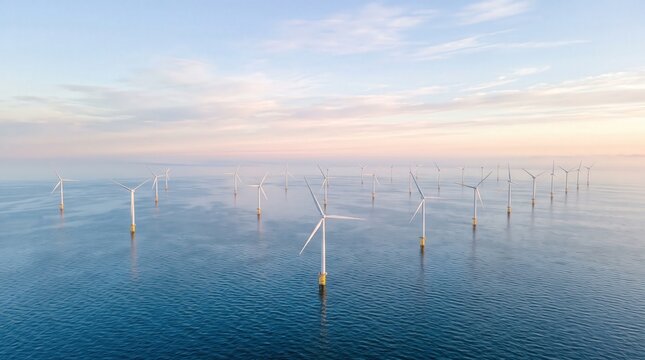 Expansive Aerial View of Offshore Wind Turbines Against Calm Ocean and Soft Sky