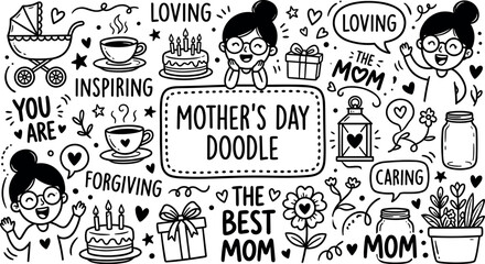Fototapeta premium Happy Mothers Day Hand Drawn Doodle Elements Line Art Vector Set for Greeting Card Design