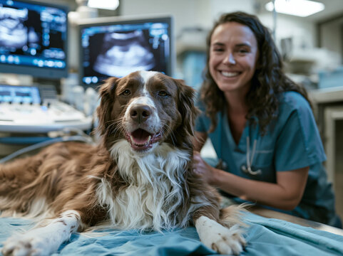 Smiling Veterinarian with Dog in Veterinary Clinic Ultrasound Room