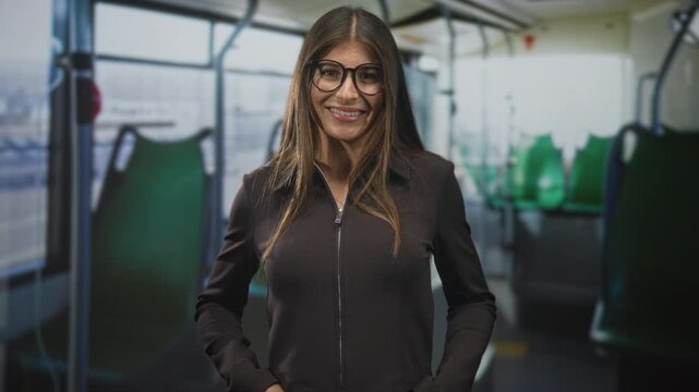 Woman smiling with glasses and hands in pockets inside a bus on street, standing by green seats in transit interior; warm confidence.