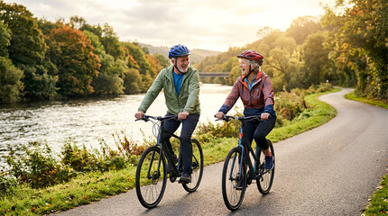 Fototapeta premium Active Senior Couple Cycling Together Enjoying Retirement Lifestyle