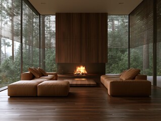 Fototapeta premium Luxurious modern living room with a large fireplace, dark wood paneling, and leather sofas, featuring floortoceiling windows overlooking a lush green forest