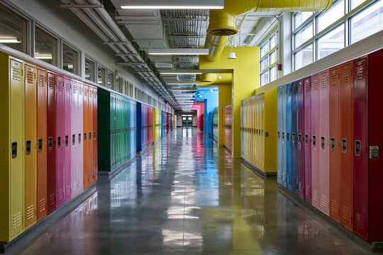 Modern Empty School Hallway with Colorful Lockers