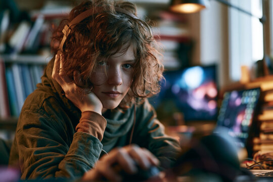 Tired Teenager with Headphones Sitting at Computer Desk