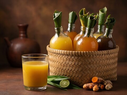Traditional Indonesian jamu gendong herbal drink bottles in bamboo basket