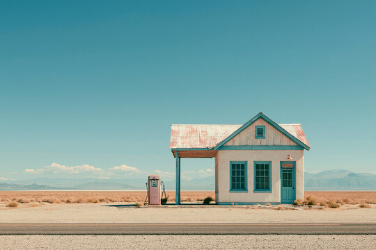 Old Vintage Gas Station Along Remote Desert Highway