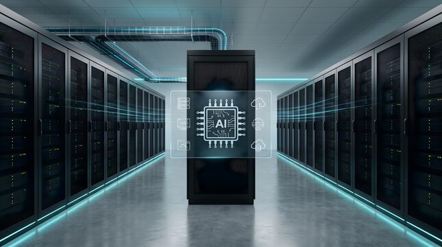 AI chip graphic overlay on server racks in data center