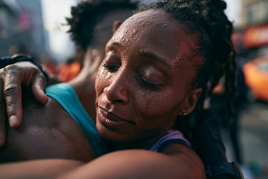 Emotional Female Runner Crying and Hugging After Race
