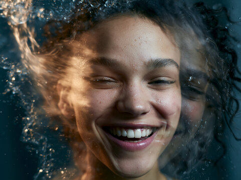 Happy Young Woman Face with Fresh Water Splash