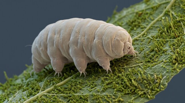 Microscopic view of a tardigrade, also known as a water bear, walking on a mossy green leaf.