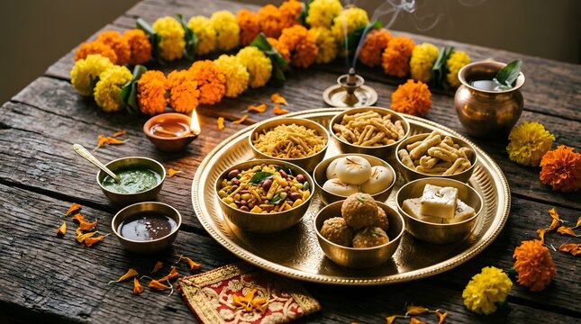 Traditional indian festive food platter with sweets and snacks on a wooden table