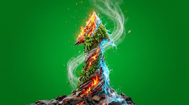 Conceptual arrow made of fire, water, and earth elements on a green screen background.