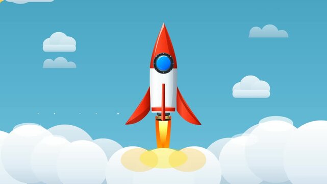 3D Animated Rocket Launching Through Sky and Clouds Vector Concept for Business Startup, Success and Space Exploration