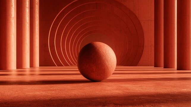 Terracotta sphere centered in a red arched interior