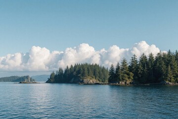 Naklejka premium Calm blue water surrounds rich green islands with evergreen trees. Dramatic white clouds fill the bright sky over the pacific northwest coastline. Nature scene.