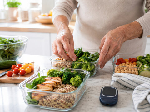 Elderly person preparing healthy meals in glass containers with a blood glucose meter on the kitchen counter.