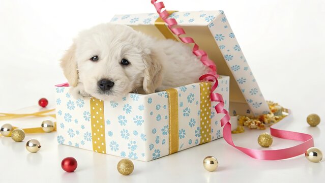 Cute Fluffy White Puppy Resting Comfortably Indoors With Soft Fur and Peaceful Adorable Expression.