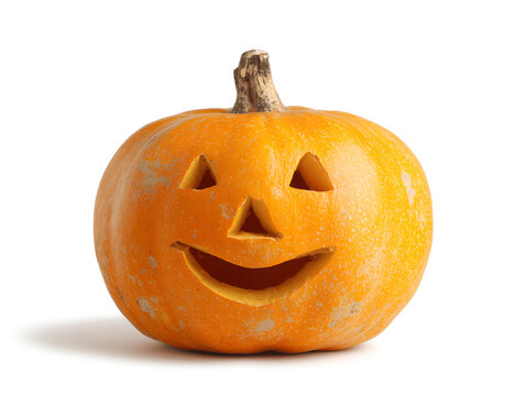 Carved Halloween pumpkin with smiling face on white background