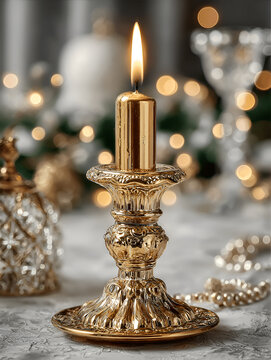 Elegant gold candle holder with lit candle and blurred festive background