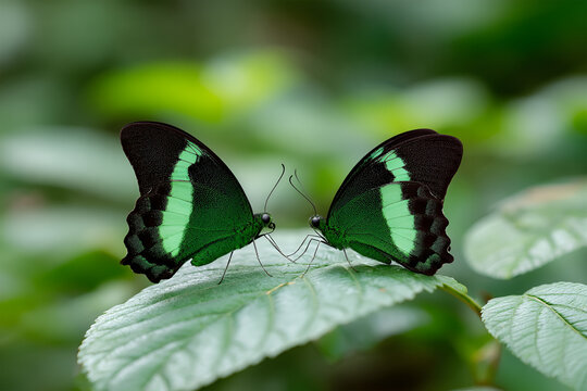 Two green and black butterflies resting on a leaf in a lush garden