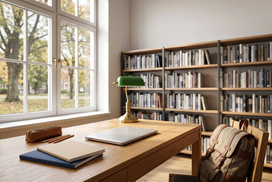 Cozy study room with wooden desk, bookshelves, and autumn view outside