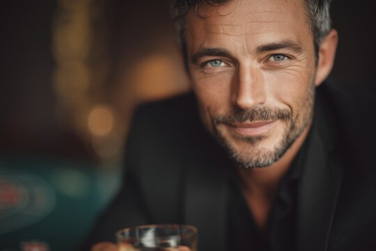 Portrait of handsome, confident man with beard and blue eyes, smiling gently. He is holding drink in indoor setting with blurred background lights