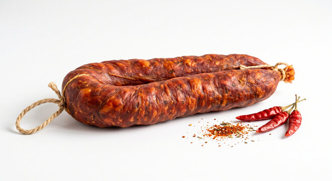 Spicy chorizo sausage with red chili peppers and seasoning on white background