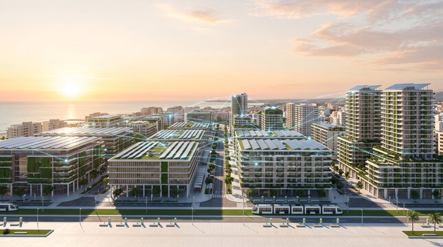 Modern urban skyline with sustainable buildings and sunset over the ocean