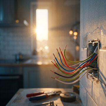 Electrical wires connected to outlet in kitchen with sunlight streaming through window