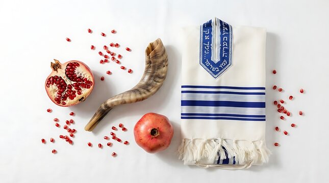 Traditional jewish high holiday symbols tallit, shofar, and pomegranates on a white background