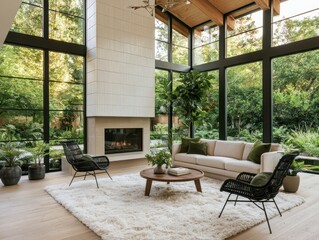 Fototapeta premium Spacious modern living room with floortoceiling windows, a stone fireplace, cream sofa, and black wicker chairs on a plush white rug