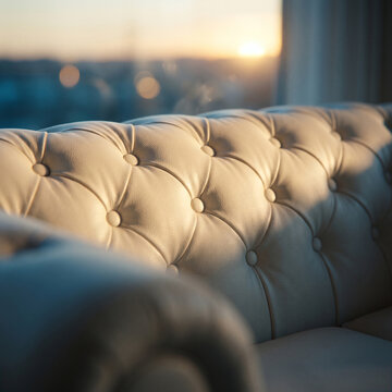 Close-up of tufted leather sofa with sunset lighting in a modern interior