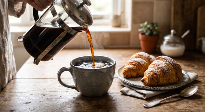 Coffee being poured into gray mug with croissants on wooden table